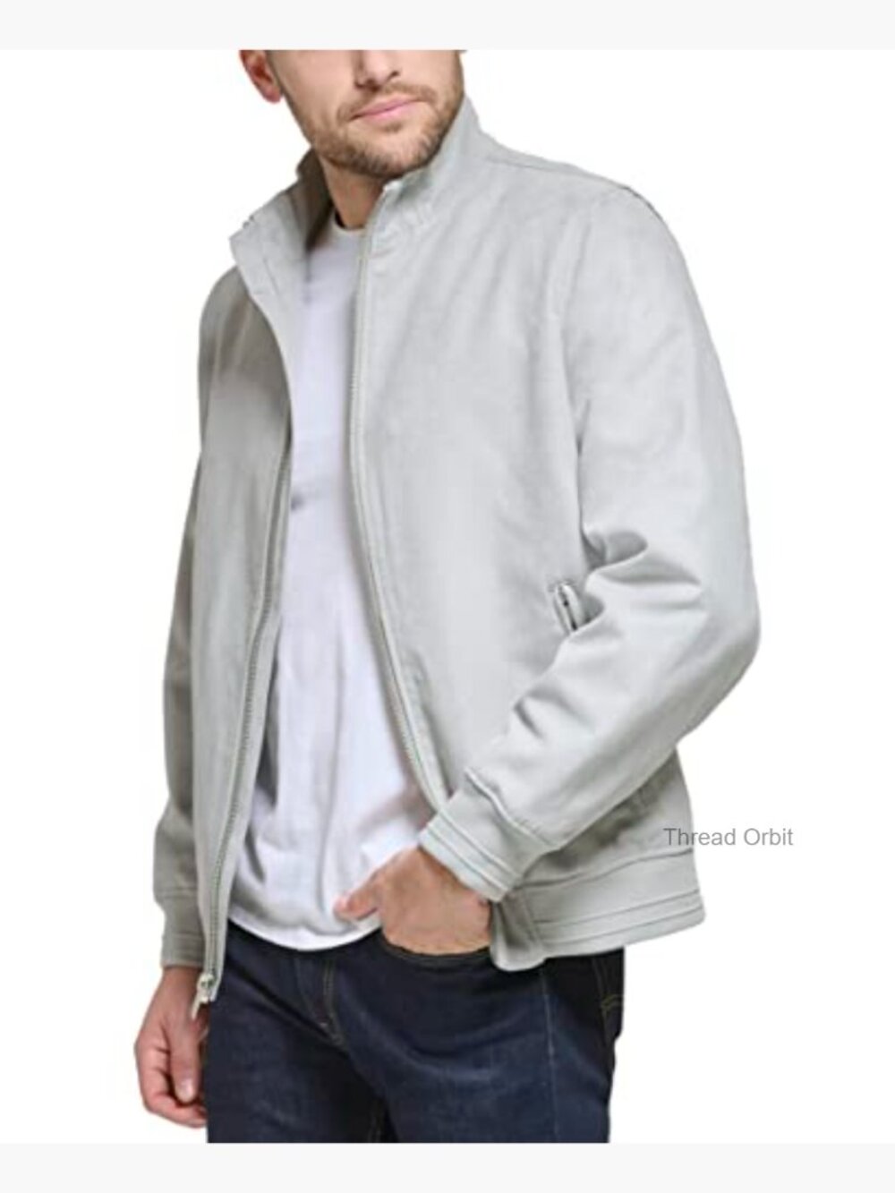 Modern Knit Collar Bomber Jacket Faux Suede Lightweight - Picture 2 of 6
